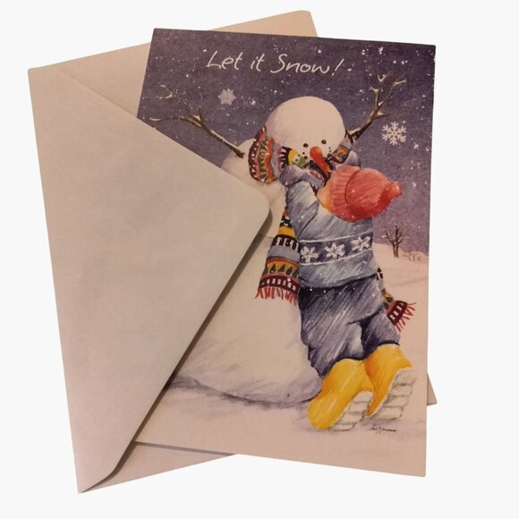 Let It Snow Holiday Greeting Card Snowman Barb Tourtillotte Happy New Year - Picture 3 of 5